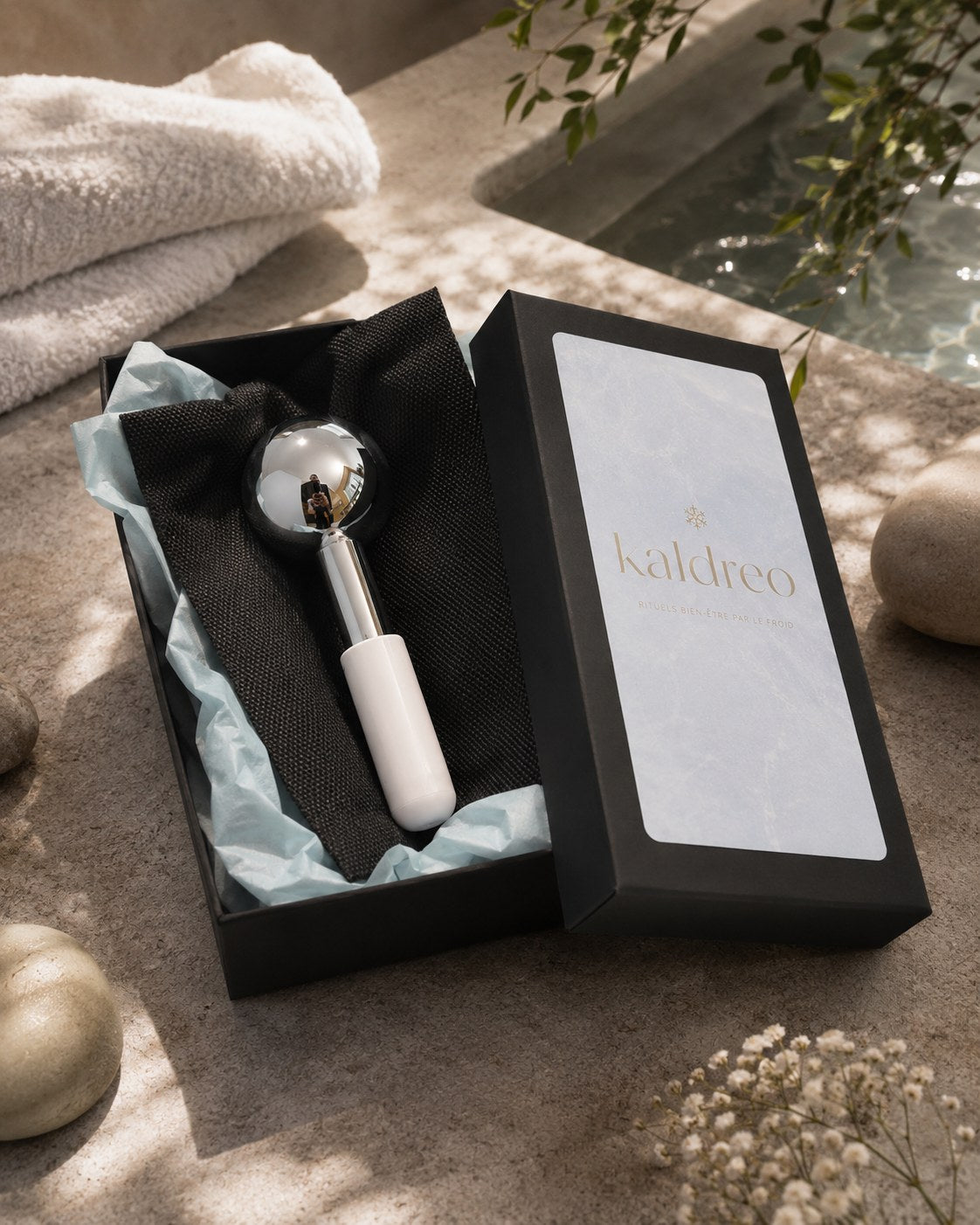 le Glacier Kaldreo, boule de froid en acier et manche silicone blanc dans son coffret noir