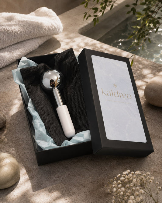 le Glacier Kaldreo, boule de froid en acier et manche silicone blanc dans son coffret noir
